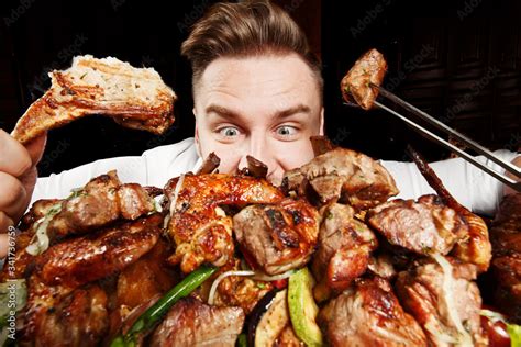 Crazy Hungry Man Eating Mix Grill Meat Emotional Content For