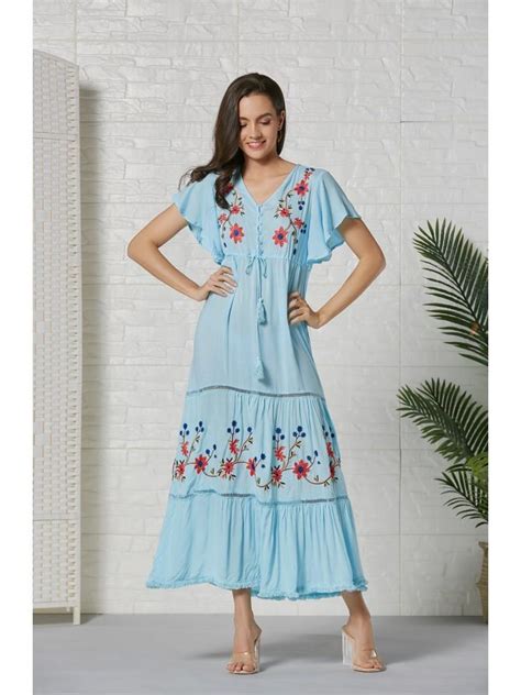 2022 Flower Embroidery Ruffled Sleeve Maxi Dress Tableclothsfactory Is The Premier Source For