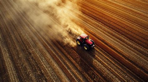 Trator cultivando o solo ao pôr do sol em um grande campo agrícola