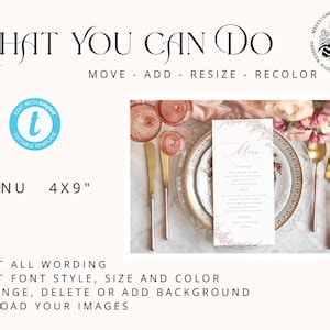 Boho Blush Pink Wedding Menu Template Dinner Menus Editable Instant