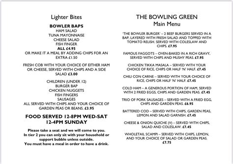 Menu At Bowling Green Inn Pub And Bar Bromsgrove