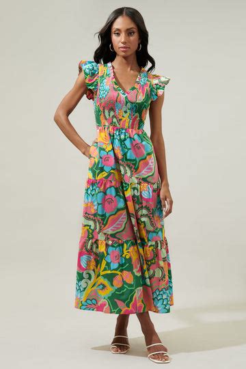 Ranchero Floral Sunfire Smocked Bodice Tiered Midi Dress Sugarlips