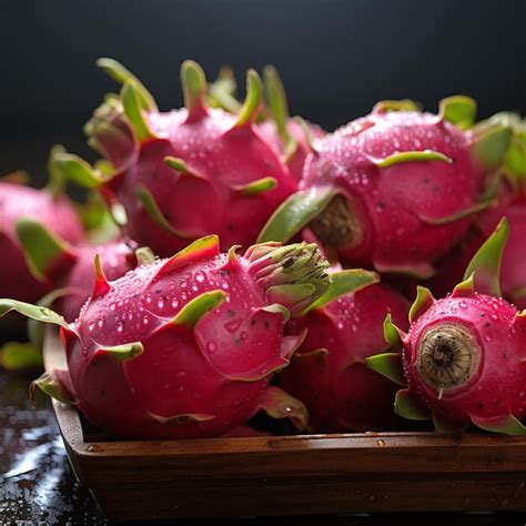 Há muitas frutas de dragão rosa sentadas em uma bandeja de madeira