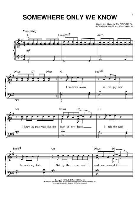 Somewhere Only We Know" Sheet Music by Keane for Easy Piano - Sheet ...