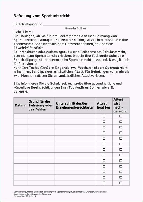 Befreiung Vom Unterricht Vorlage Optionen F R Kostenlos Vorlagen