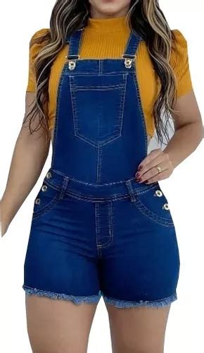 Jardineira Feminina Macaquinho Short Jeans Curto Strech Escorrega