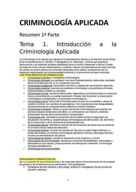 Resumen Criminologia Aplicada Bloque I CriminologÍa Aplicada Resumen