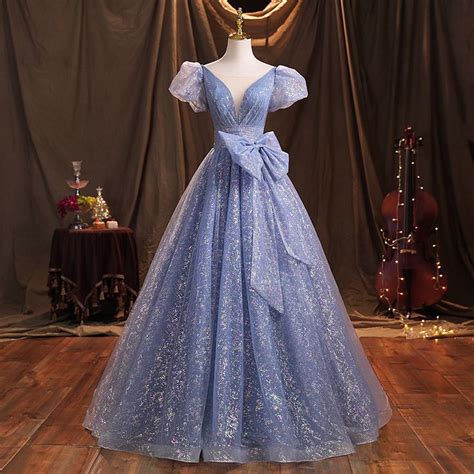 Puffy Sleeves Glitter Blue Cinderella Ball Gown Dress Prom Dresses With Sleeves Ball Gowns