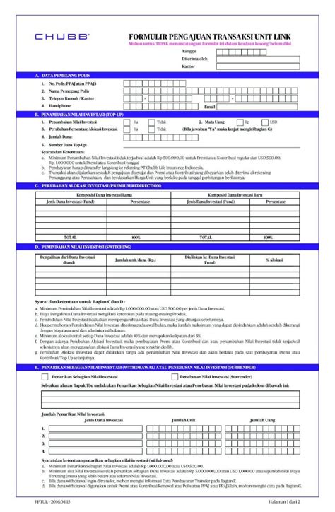 PDF Formulir Pengajuan Transaksi Unit Link Final Chubb Saya