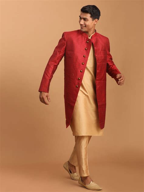 Vastramay Mens Maroon Silk Blend Sherwani With Rose Gold Kurta Pant S