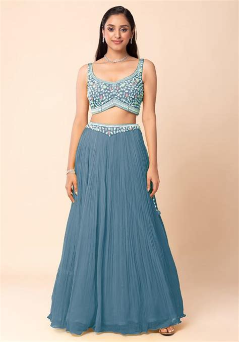 Buy Women Steel Blue Lehenga Set With Abstract Hand Embroidered Blouse