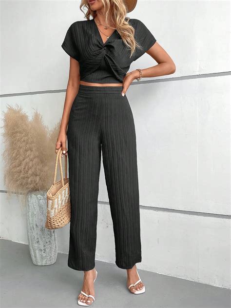 Shein Vcay Twist Front Batwing Sleeve Crop Top And Wide Leg Pants Shein Usa