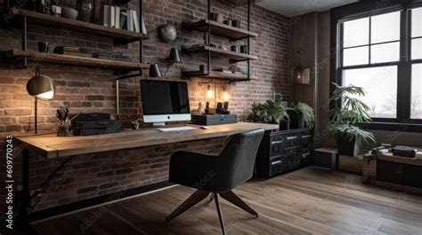 Interior Design Of Home Office In Industrial Style With Exposed Brick