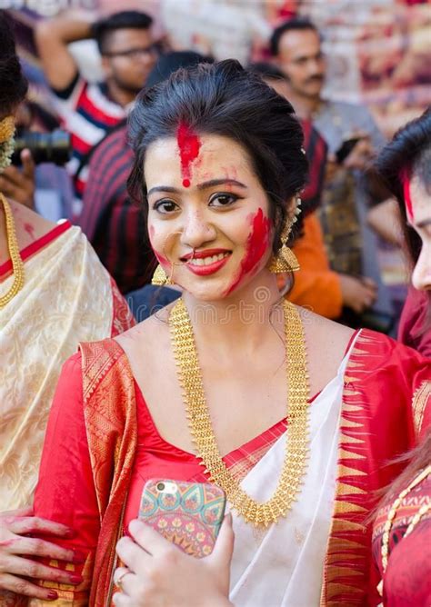 Photo About A Beautiful Girl Wearing Bengali Traditional Saree And Jewellery On The Occasionan