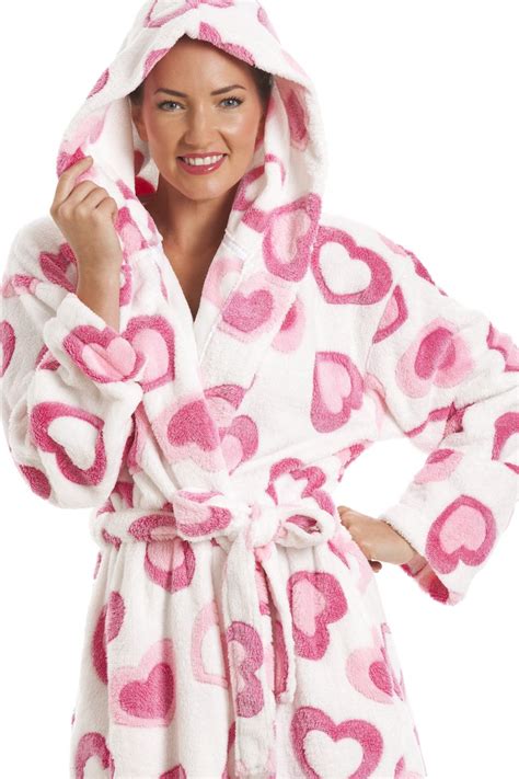 Pink Heart Print Supersoft Fleece White Bathrobe Bath Robes For Women