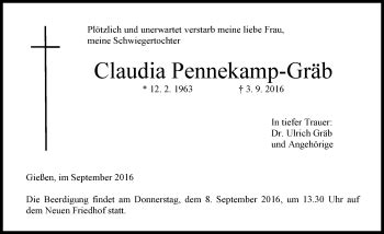 Traueranzeigen Von Claudia Pennekamp Gr B Vrm Trauer De