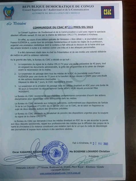 RDC Le CSAC Suspend CML 13 TV Pour 45 Jours Et Sanctionne Son Patron