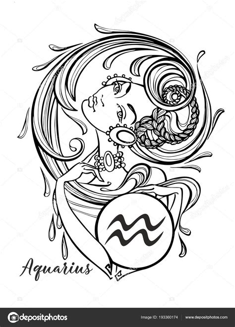 Zodiac Sign Aquarius Beautiful Girl Horoscope Astrology Coloring Vector