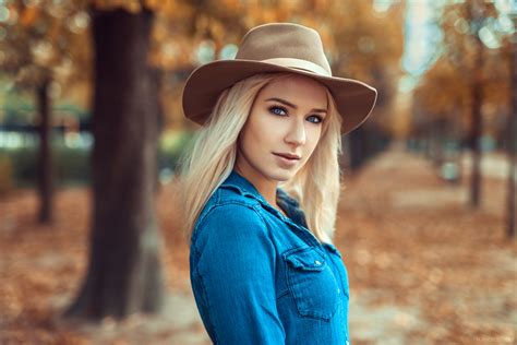 Wallpaper Blonde Hat Trees Shirt Portrait Depth Of Field Blue