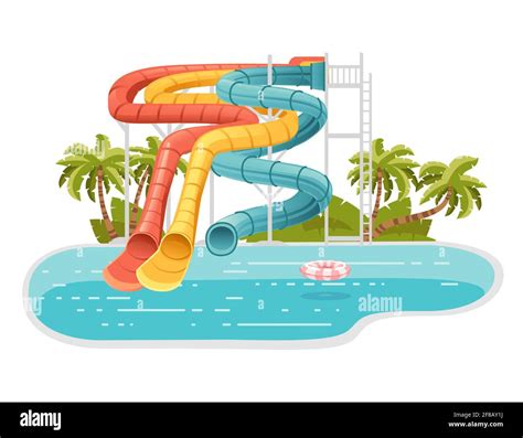 Waterpark Illustration With Colored Plastic Screw Slides And Pool With