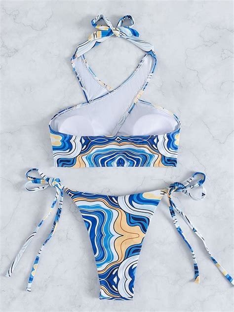 Emmiol Free Shipping 2024 Wave Print Criss Cross Halter Bikini Set Blue