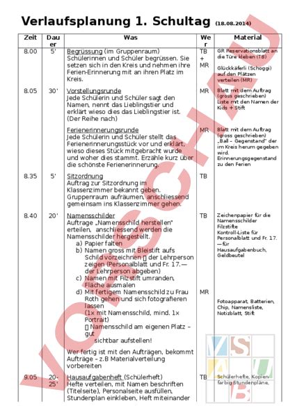 Arbeitsblatt Verlaufsplanung Erster Schultag Administration