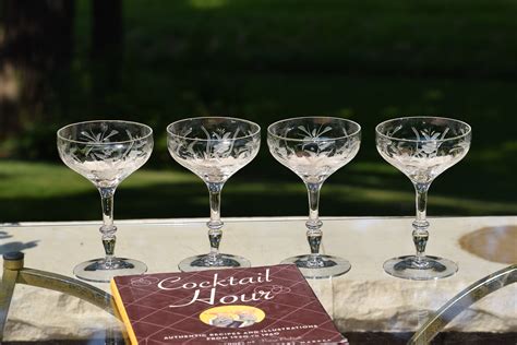 4 Vintage Etched Cocktail Martini Glasses Circa 1950 Nick And Nora