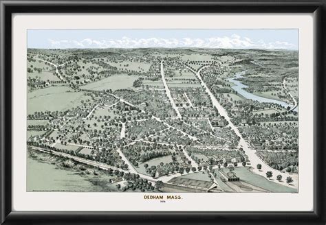 Dedham Massachusetts 1876 Historic Map Restored Birds Eye View In