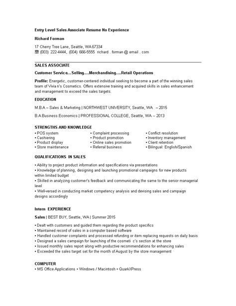 Entry Level Sales Associate Resume Templates At