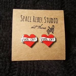 Fuck Off Tattoo Heart Stud Earrings Feminist Jewelry Rockabilly Pin Up Girl Alternative