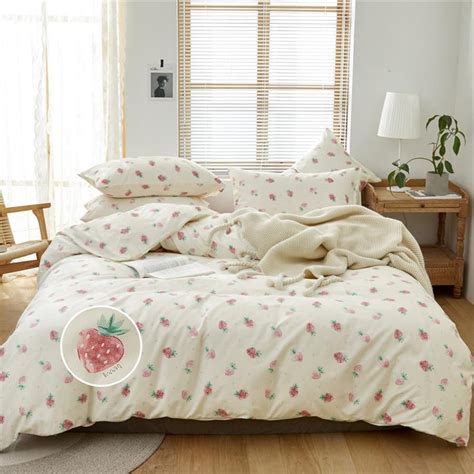 Twin Size Duvet Cover Cotton Cute Strawberry Girls Bedding Set Cream