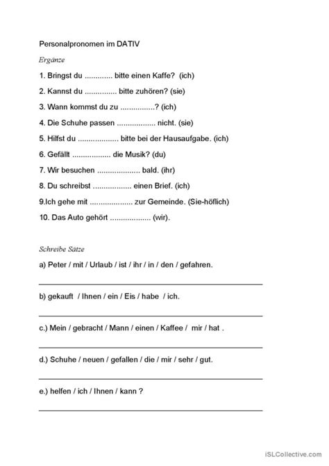 Personalpronomen Im Dativ English Esl Worksheets Pdf Doc