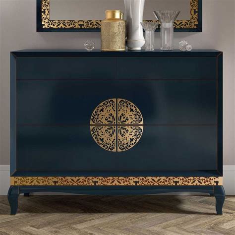 Italienisches Design Sideboard Restaurazia In Dunkelblau Mit Blattgold