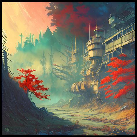 Post-apocalyptic landscape in the style of Hokusai, Jeremiah Ket... - Arthub.ai