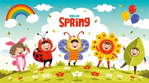 Temporada De Primavera Con Niños De Dibujos Animados Vector Premium