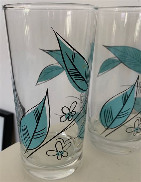 Vintage Biscayne Leaf Salem China Drinking Glass Turquoise Mid Century Modern 50s 60s