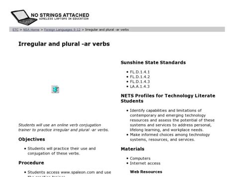 Irregular And Plural Ar Verbs Lesson Plan For 9th 12th Grade Lesson Planet