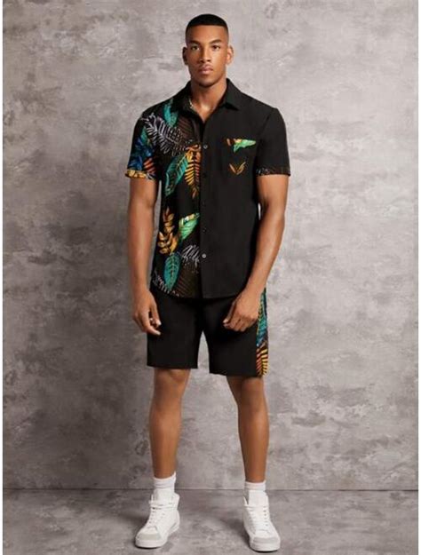 Buy Shein Men Tropical Print Pocket Patched Shirt Shorts Online