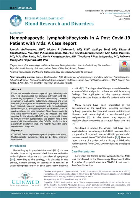 PDF Hemophagocytic Lymphohistiocytosis In A Post Covid 19 Patient