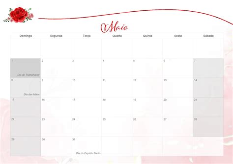 Calendario Mensal Rosas Vermelhas Maio Fazendo A Nossa Festa