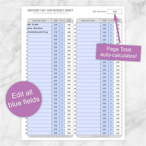 grocery budget list  worksheet printable  printable planning