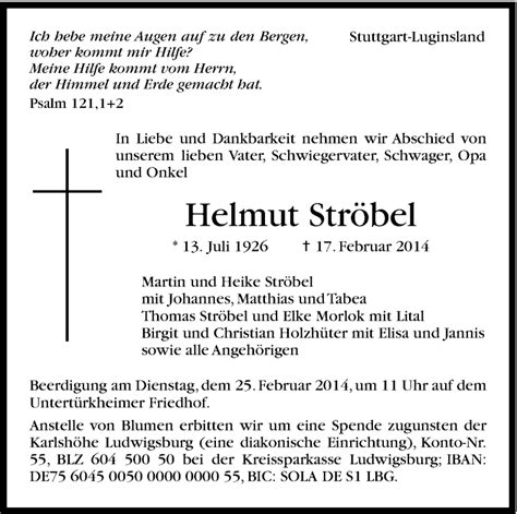 Traueranzeigen von Helmut Ströbel stuttgart gedenkt de