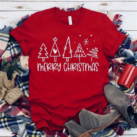 Merry Christmas Graphic Print Christmas Trees T Shirt Christmas