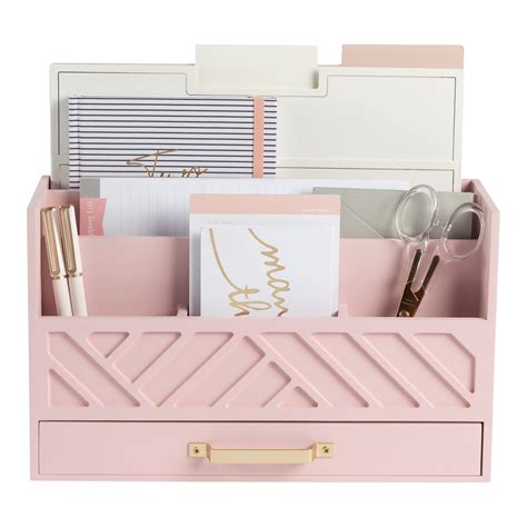 BLU MONACO Pink Wooden Desk Organizer with Storage Drawer and Gold ...