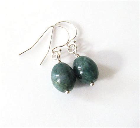 Green Moss Agate Drop Earrings Sterling Silver Oval Dangles