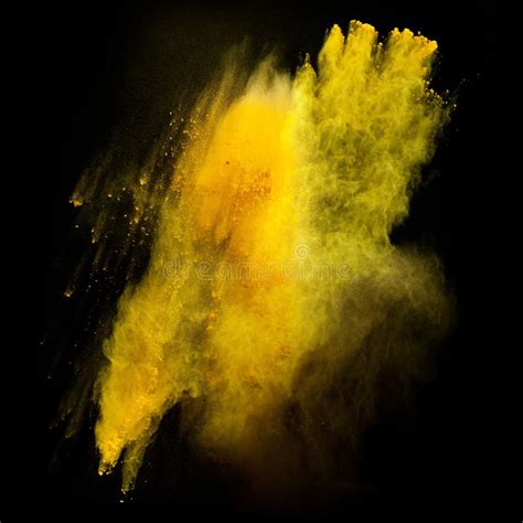 Deep Yellow Color Powder Explosion Cloud Isolated On Black Background