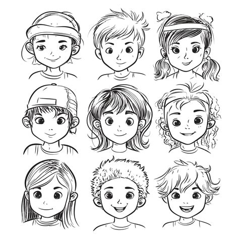 Various Child Face Faces Drawn In Black And White On White Background