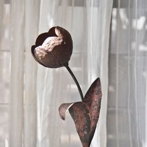 Metal Sculpture Copper Tulip On Stone Base Forged Welded Metal Flower