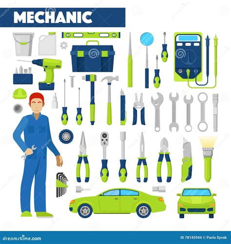 Auto Mekaniker Icons Set F R Yrke Med Hj Lpmedel F R Bilreparationer