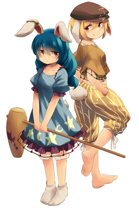 Safebooru 2girls Barefoot Blonde Hair Blue Hair Blush Bunny Tail Dress Ear Clip Hat Highres